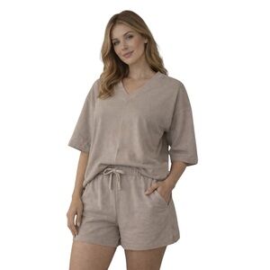 Cable and Gauge Studio Matching Lounge Set Taupe V Neck Top and Shorts Size L